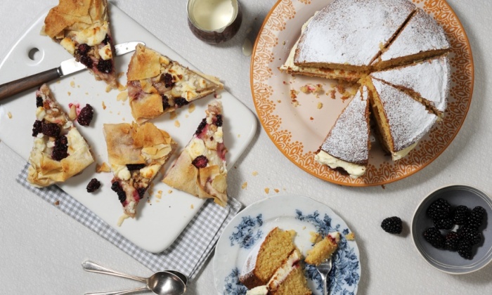 Honeyed almond cake with raspberry jam and goat’s cheese cream via The Guardian, photograph by Jill Mead/Guardian