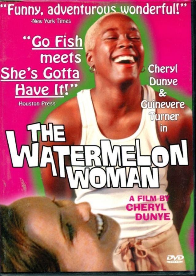 image shows a white and Black woman laughing widely. There is a pink background and the words "The Watermelon Woman" are on top with reviews for the film.