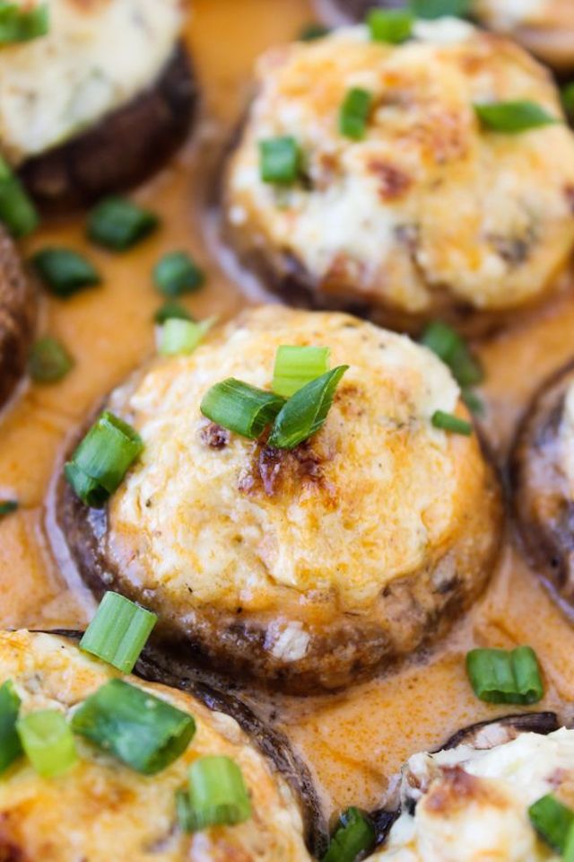 Bacon Blue Cheese Stuffed Mushrooms with Creamy Hot Sauce
