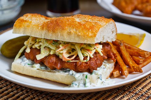 Crispy Beer Battered Fish Sandwich with Coleslaw and Tartar Sauce and a Side of Fries  2 500
