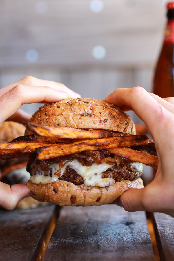 Epic-Crispy-Quinoa-Burgers-Topped-with-Sweet-Potato-Fries-Beer-Caramelized-Onions-+-Gruyere-8