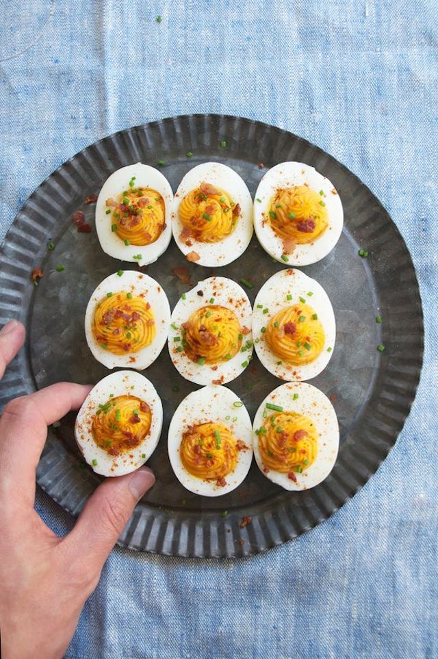 Sriracha Deviled Eggs with Crumbled Bacon