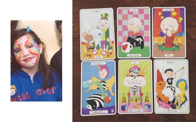 Cecelia as a baby witch and the Phantasmagoric Theatre Tarot.