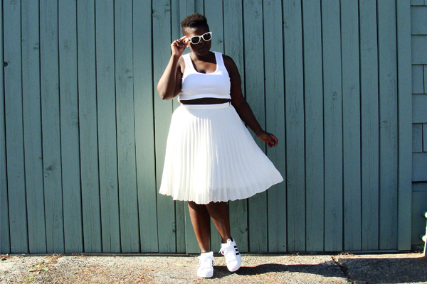 I’m wearing a Topshop top, thrifted skirt and Adidas Superstar II.