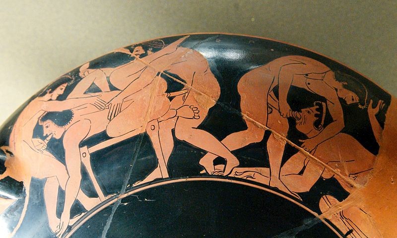 erotic scene on the rim of an ancient Greek drinking-cup, c. 510 BCE (Louvre)