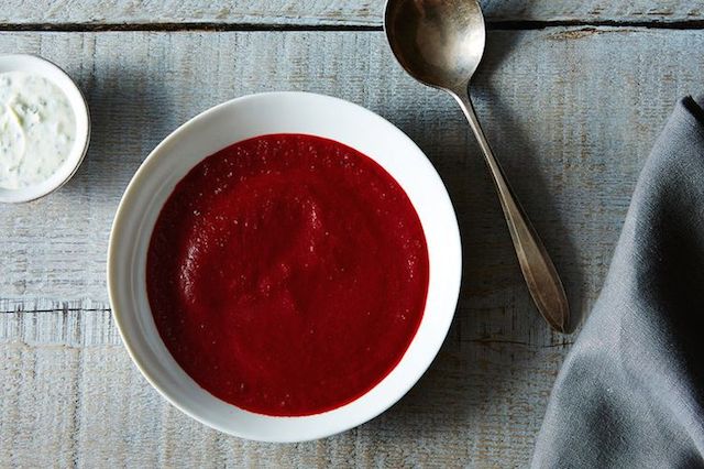 Chilled Roasted Beet and Carrot Soup with Parsley Lime Cream