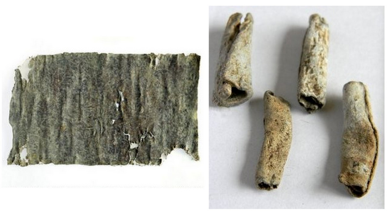 folded lead tablets used to perform binding spells; at left, a woman binds her lover to her