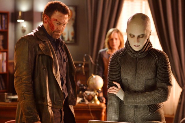 DEFIANCE -- "My Name is Datak Tarr and I Have Come to Kill You" Episode 308 -- Pictured: (l-r) Grant Bowler as Joshua Nolan, Trenna Keating as Doc Yewll -- (Photo by: Ben Mark Holzberg/Syfy)