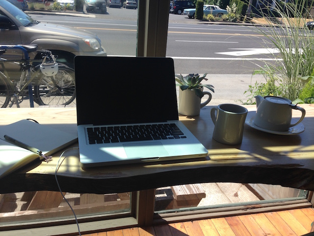 Flexible working: Emilie's coffee shop workstation.