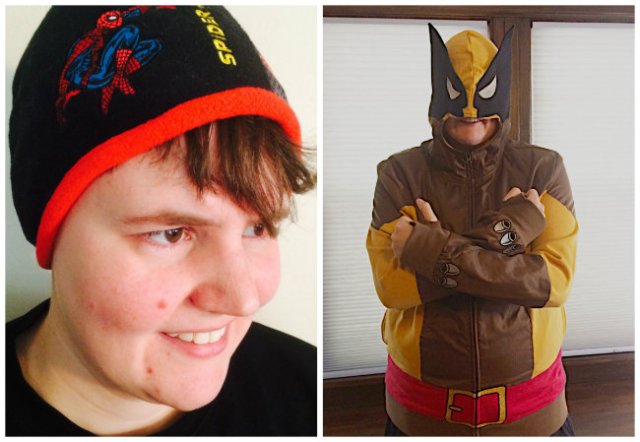 Waffle, 33-year-old wonder boi and life companion of KaeLyn, is rocking a Spiderman hat from the kids' section and a very chic adult-sized Wolverine hoodie.