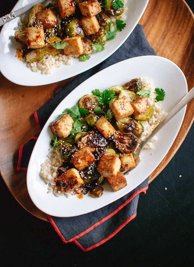 Roasted Brussels Sprouts and Crispy Baked Tofu with Honey-Sesame Glaze