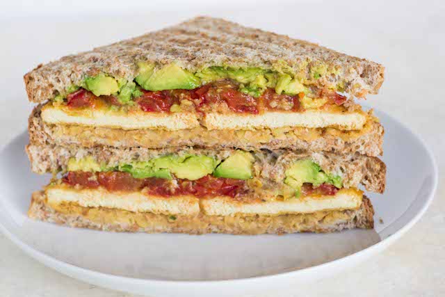 Smashed Chickpea, Avocado and Roasted Tomato Sandwich with Cheesy Tofu