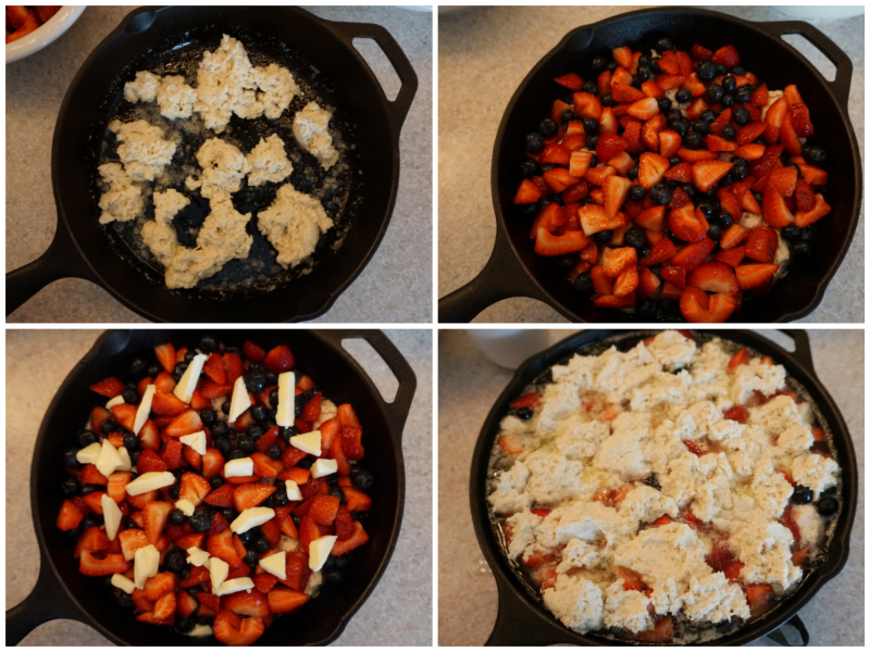 Clockwise from top left: dough on the bottom; berries; butter; boiling water, more dough and sugar.