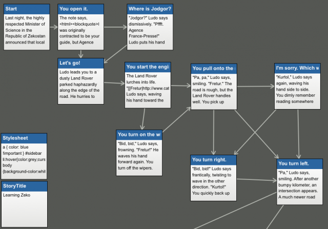 a twine game in development, via Cathy Moore