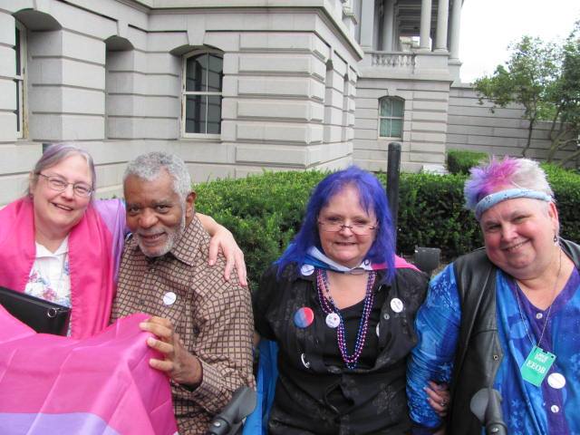 Longtime bisexual activists Lou Hoffman, ABilly Jones-Hennin, Lynnette MFadzen and Loraine Hutchins outside the White House. Photo courtesy Lynnette MFadzen. 