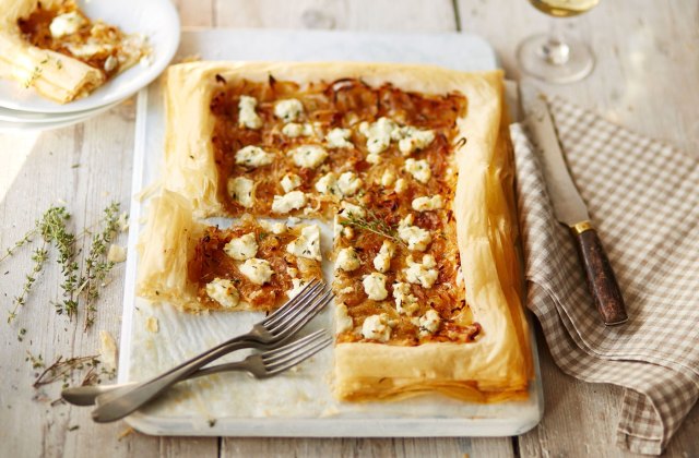 Caramelised onion and goat’s cheese filo tart