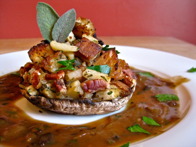 Roasted Portobello Mushroom Caps with Apple Pecan Stuffing and Caramelized Onion Mushroom Gravy