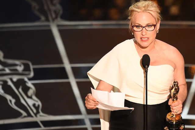 Winner for Best Supporting Actress Patricia Arquette accepts her award on stage at the 87th Oscars February 22, 2015 in Hollywood, California. AFP PHOTO / Robyn BECK (Photo credit should read ROBYN BECK/AFP/Getty Images)