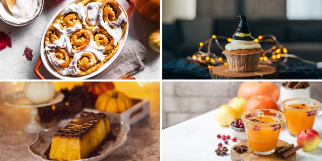 A collage of four images: cinnamon rolls, a witch cupcake, pumpkin creme brûlée, and a cocktail