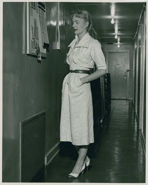 Christine Jorgensen during a visit to the Institute for Sex Research at Indiana University in Bloomington, IN, 1953. Photo by William Dellenback. Courtesy of Kinsey Institute, Indiana University.