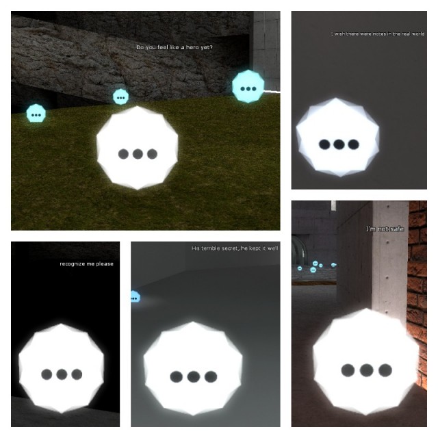 Clockwise: "Do you feel like a hero yet?" "I wish there were notes in the real world" "I'm not safe" "His terrible secret, he kept it well" "recognize me please"