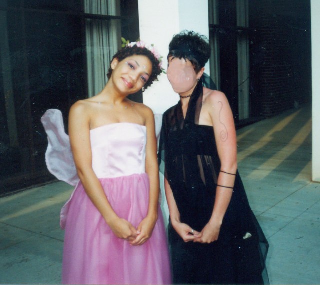 I wore this pink number to the Blue Masque Banquet, an event our theatre department held at the end of every year. You can't tell how ill-fitting this dress is from this picture, so you will just have to trust me. Also the Dark Fairy in this photo is blurred because I am not really in touch with her anymore and I am too lazy to write her and I didn't want to be an asshole by posting her face all over the internet without her permission.