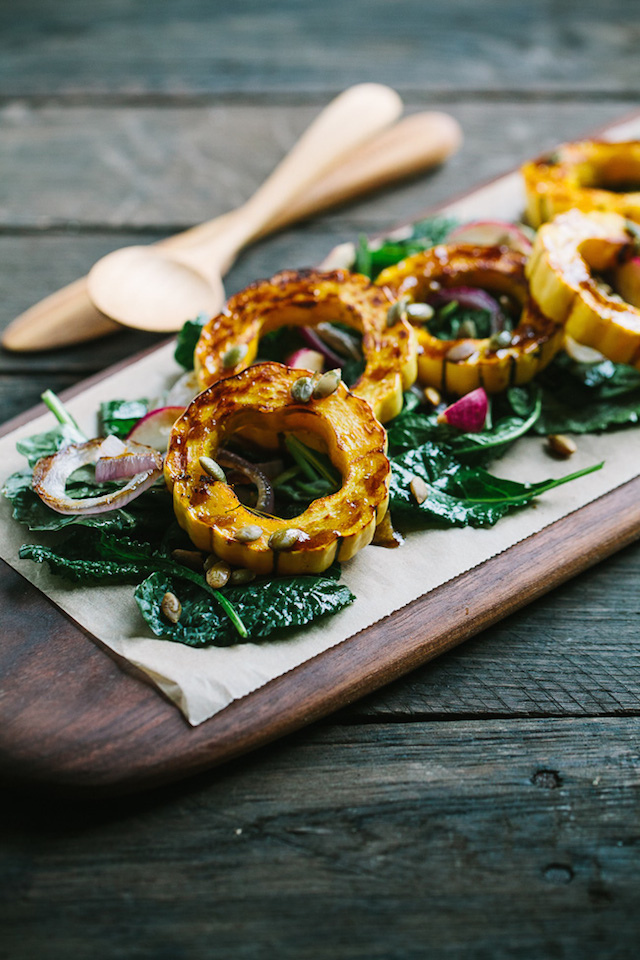 Roasted Delicata Squash with Baby Kale and Balsamic Molasses Vinaigrette