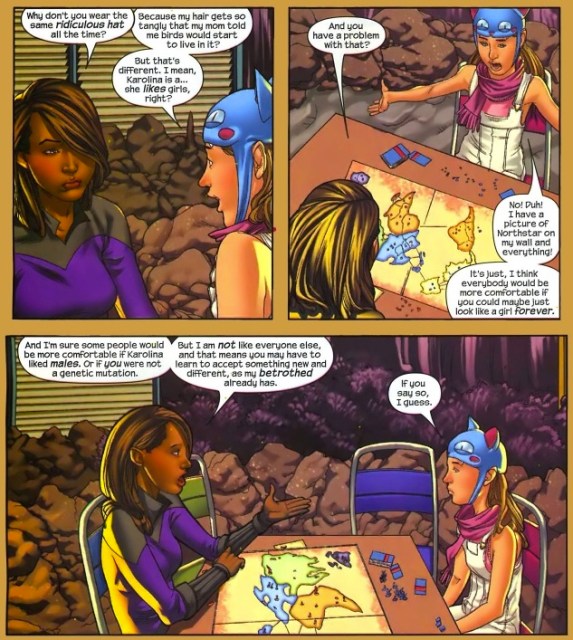 Xavin and Molly having a discussion about gender in Runaways #22 with art by Adrian Alphona.
