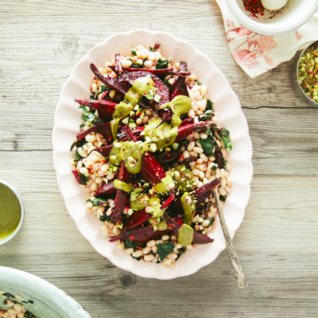 grapefruit-roasted-beets-greens-white-beans-pistachio-butter-recipe: