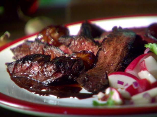 Red Wine and Pomegranate Hanger Steak with Cipollini Onions