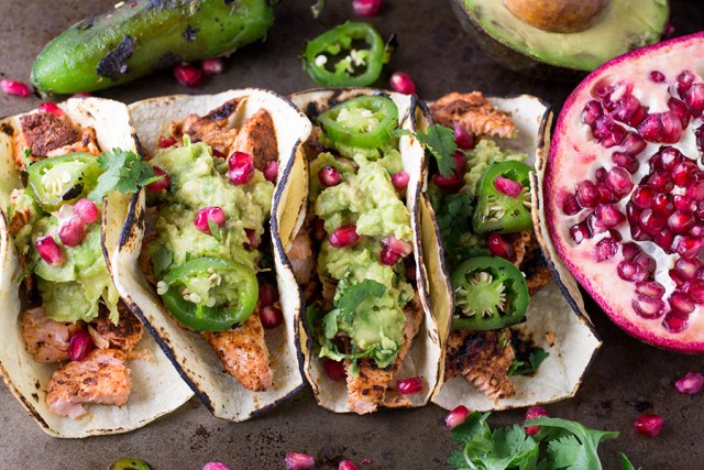 Salmon Tacos with Pomegranate Guacamole