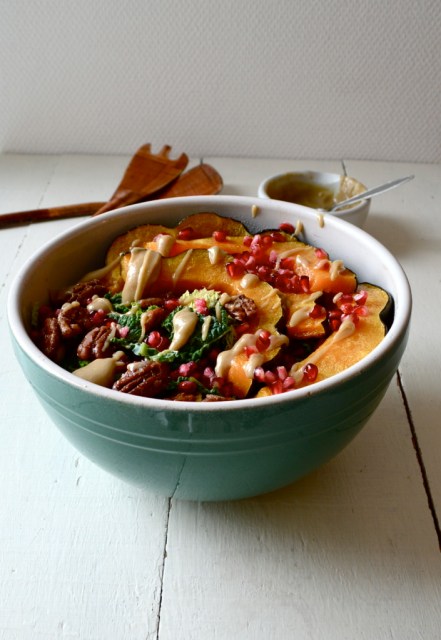 Pomegranate, roasted squash, maple caramelized pecans and tahini dressing