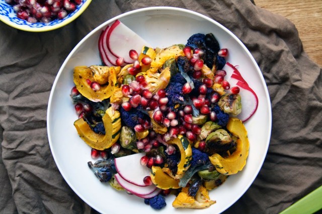 Roasted Autumn Veggies with A Horseradish and Pomegranate Relish