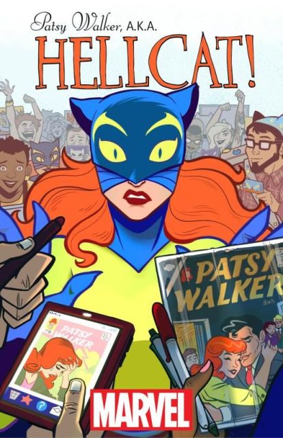 The cover for Pasty Walker, AKA Hellcat! #1 with Brittney Williams and Kate Leth right there to the right of Patsy's ear.