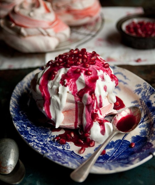 Pink Swirl Meringues with Pomegranate Syrup