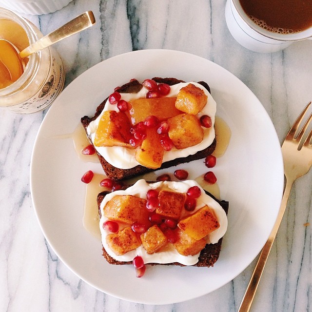 Caramelized Butternut Squash Pumpkin Toast with Yogurt, Pomegranate and Honey