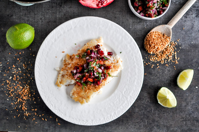 Toasted Coconut Tilapia with Pomegranate Salsa