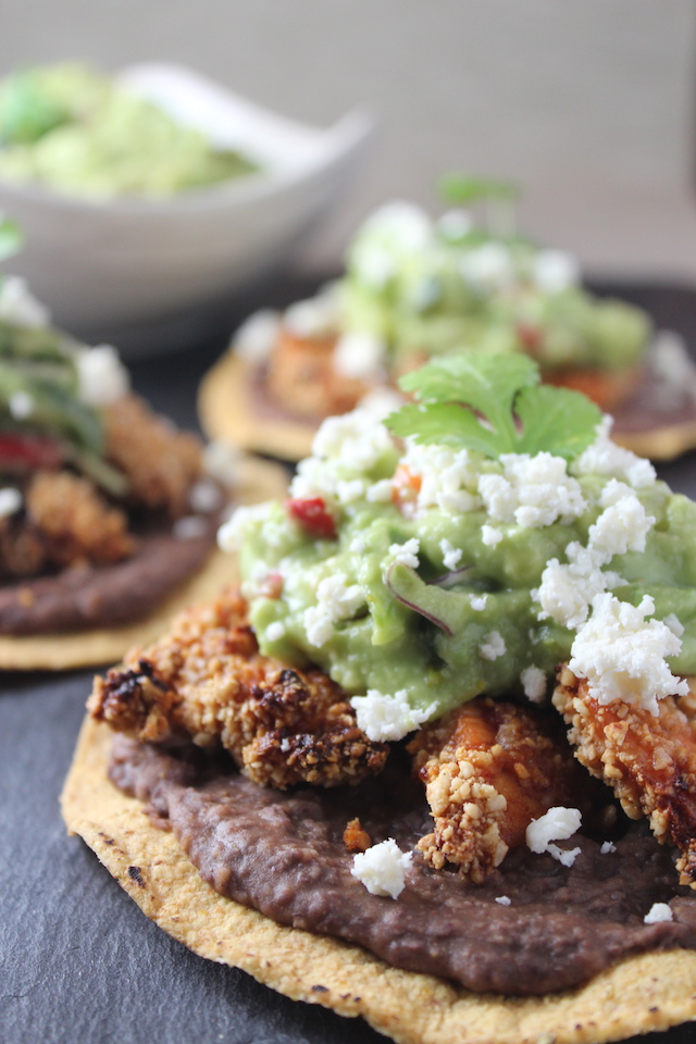 Chipotle Cashew Chicken Tostadas with Cactus Guacamole