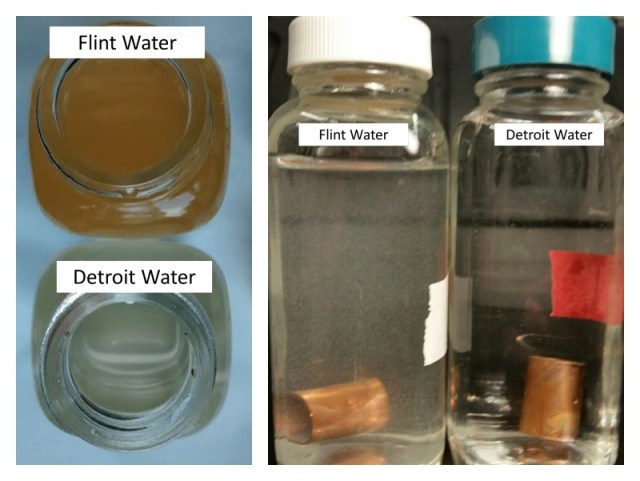 Left: Higher release of iron is evident in the Flint water glass reactor containing iron than that with Detroit water. Right: Samples of lead solder connected to copper pipe in Flint River water with orthophosphate (left) and Detroit water (right). The white suspended particles visible in the Flint River water are tiny lead particles while the Detroit water remained clear. Via Flint Water Story (left, right).