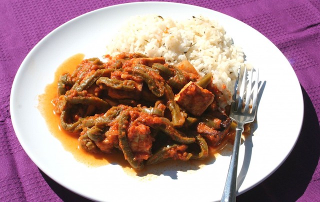 Nopales and Fried Tofu in Red Chipotle Sauce (1)