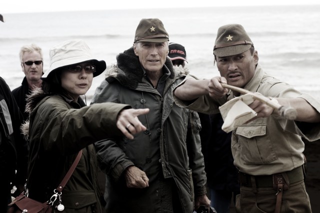 Director Clint Eastwood, interpreter Yuki Ishimaru, and actor Ken Watanabe on the set of "Letters From Iwo Jima."