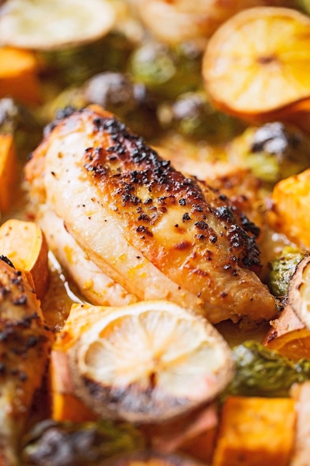One Sheet Pan Garlic and Citrus Chicken with Brussel Sprouts and Sweet Potatoes