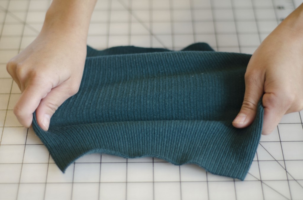This ribbed knit fabric has a significant amount of stretch when pulled in any direction.