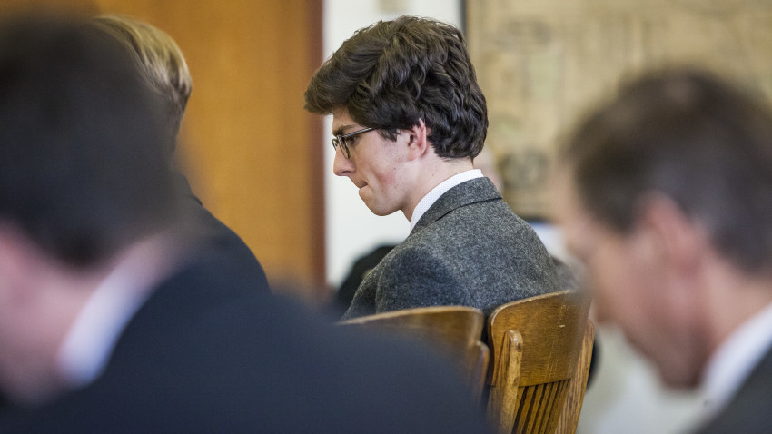 Convicted St. Pauls School graduate Owen Labrie appears in Merrimack County Superior Court in Concord, N.H., on Friday, March 18, 3016. Labries bail was revoked. A judge in Merrimack County Superior Court said Labrie would begin his one-year jail sentence immediately. "You are unlikely to abide by any conditions," Judge Larry Smukler said. "I don't relax conditions because you can't comply with them."(Elizabeth Frantz/Concord Monitor via AP, Pool)