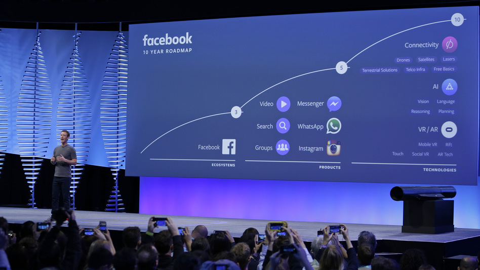 Facebook CEO Mark Zuckerberg talks about the company's 10-year roadmap during his keynote address Tuesday at the F8 Facebook Developer Conference in San Francisco.