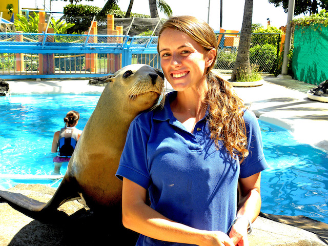 Mary with a sea lion, in her previous job