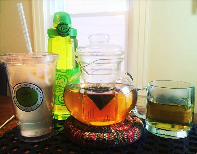 L to R: 16 oz of lemon water with apple cider vinegar and stevia, a 24 oz Nalgene On the Fly Bottle of tap water, and a nice steaming pot of Yogi Mother-to-Be tea