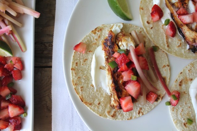 Fish Tacos with Quick Pickled Rhubarb and Strawberry Salsa