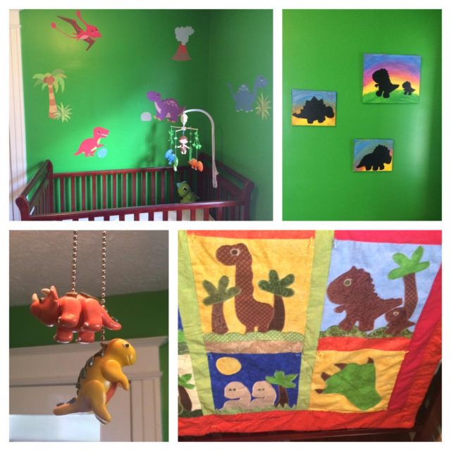 L to R, top to bottom: Decals and mobile, Dino paintings by my mom, light cord pulls, and quilt by my mom