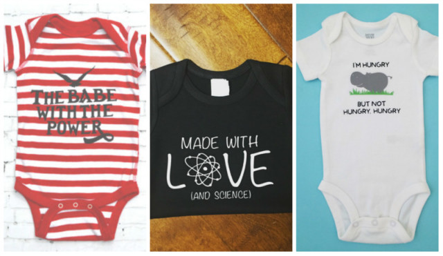 Labyrinth onesie from TheStudioTwentyTwo, Made with Love (and Science) bodysuit by KatBirdofKentucky, Hungry Hungry Hippo bodysuit by YODERCROSS